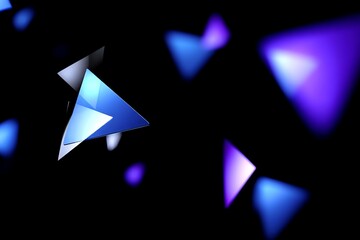 Poster - The image features a 3D rendering of a triangular frame in blue and pink neon hues, set against an abstract ultraviolet-lit background reminiscent of an 80's retro fashion show stage