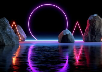 Poster - The scene is set in a cosmic landscape with an abstract background, complete with a round portal, illuminated by pink and blue neon lights, and infused with virtual reality elements, such as an