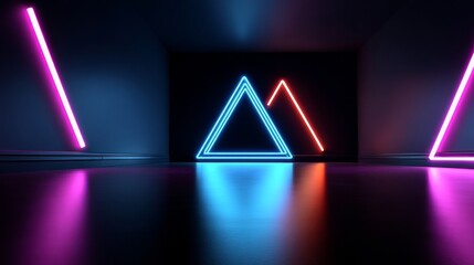 Poster - The scene depicts abstract flying within a futuristic corridor, where a triangular background meets fluorescent ultraviolet lighting, and vibrant laser neon lines crisscross a geometric endless