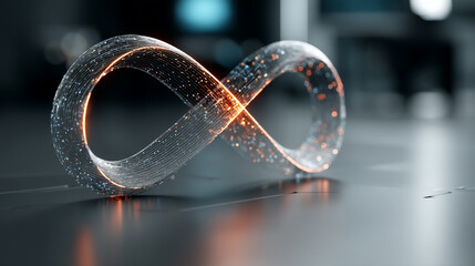 Poster - A glowing digital infinity symbol floats against a blurred colorful tech background symbolizing endless possibilities innovation and the boundless nature of digital transformation and connectivity

