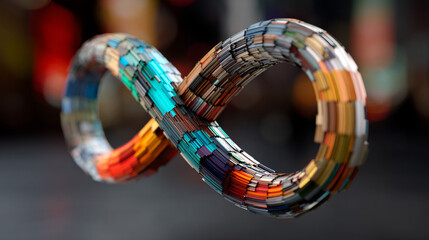 Poster - A glowing digital infinity symbol floats against a blurred colorful tech background symbolizing endless possibilities innovation and the boundless nature of digital transformation and connectivity

