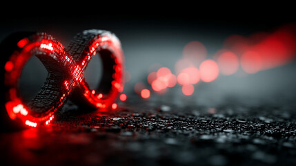 Poster - A glowing digital infinity symbol floats against a blurred colorful tech background symbolizing endless possibilities innovation and the boundless nature of digital transformation and connectivity

