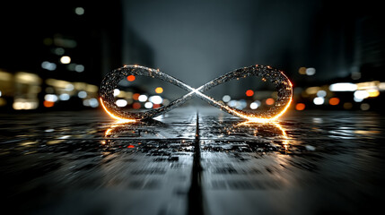 Poster - A glowing digital infinity symbol floats against a blurred colorful tech background symbolizing endless possibilities innovation and the boundless nature of digital transformation and connectivity


