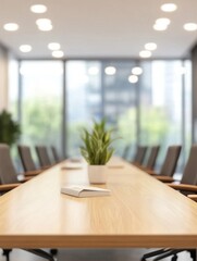 Poster - Serene Conference Room with Natural Light and Minimalist Design Featuring a Long Table and Plant Decor for Corporate Meeting