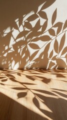 Poster - Serene Sunlight Casting Leafy Shadow on Textured Wall and Wooden Floor Creating a Peaceful Interior Scene