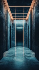Poster - Modern Interior Hallway with Dark Stone Walls and Orange Lighting Fixtures Leading to an Elevator