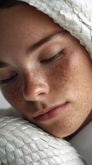 Poster - Freckles dance across a young woman's face as she rests against a textured surface, embodying quiet contemplation and natural grace. Soft tones enhance the serene atmosphere of the scene