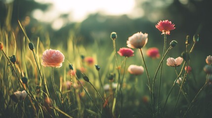 Poster - Vibrant Pink and White Flowers Blooming in a Sunlit Green Field During Spring Season : Generative AI