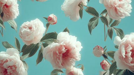 Poster - Soft and elegant peony flowers arranged beautifully against a turquoise background creating a vibrant floral design : Generative AI