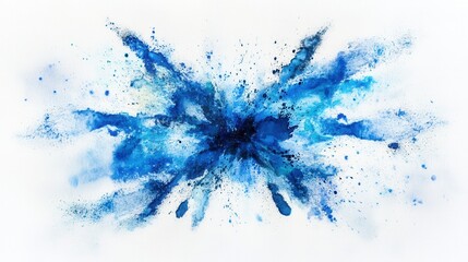 Poster - Abstract explosion of vibrant blue watercolor paint on white canvas background artistic splash concept
