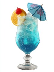 Poster - Refreshing blue cocktail with orange slice and cherry garnish against a clean white background studio shot