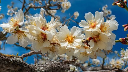 Poster - Beautiful close up of blooming almond flowers under a bright blue sky during springtime : Generative AI