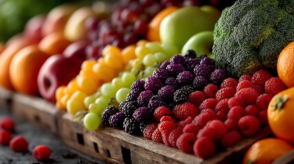 Poster - Vibrant assortment of fresh colorful fruits and vegetables displayed on a rustic wooden crate in a market setting : Generative AI