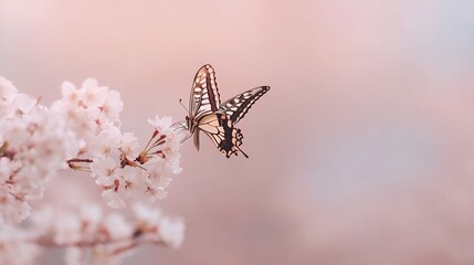 Aufkleber - Stunning butterfly delicately perched on cherry blossom branch showcasing vibrant colors against a pastel background : Generative AI