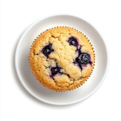 Poster - Delicious homemade blueberry muffin on a white plate overhead shot bakery style for breakfast or dessert light and airy food photography