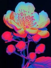 Poster - Vibrant and surreal pink flower with buds glowing in a vivid neon color scheme against a dark background : Generative AI