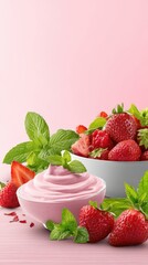 Poster - Delightful strawberry mousse with fresh mint and ripe berries in a bright pink background for healthy eating and sweet dessert