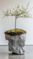 Poster - Serene bonsai tree sprouting from mossy rock sculpture against a minimalist backdrop evoking zen garden tranquility and artistic expression