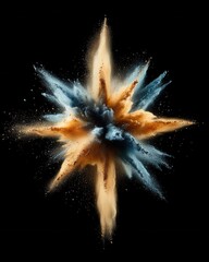 Poster - Abstract explosion of vibrant blue and gold powder against a stark black backdrop creating dynamic visual impact