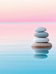 Poster - Serene zen stones balanced on calm water reflecting a pastel sunset sky in a peaceful tranquil scene evoking harmony and balance