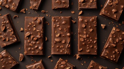 Poster - Delicious chocolate bars with nuts arranged on a dark background creating a tempting and visually appealing composition perfect for dessert themes
