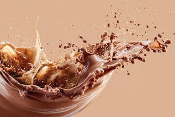 Poster - Dynamic chocolate splash with droplets on a soft beige background creating a visually appealing and delicious scene perfect for food photography