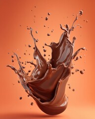 Poster - Dynamic chocolate splash against a warm orange backdrop evokes indulgence and rich flavor perfect for dessert themes