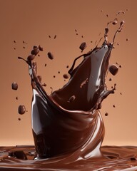 Poster - Captivating chocolate splash with rich dark liquid and floating cocoa beans against a warm brown background in a dynamic studio shot