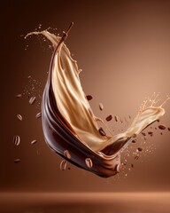 Poster - Dynamic Coffee Splash with Creamy Texture and Floating Beans in Rich Brown Tones for a Modern Beverage Ad