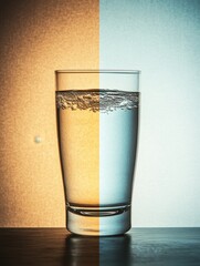 Poster - Glass of Water on a Two-Tone Background with Bubbles and Reflections a Refreshing and Clean Image