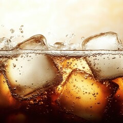 Poster - Refreshing cola with ice cubes and bubbles creating a dynamic and visually appealing composition beverage close up shot with warm lighting