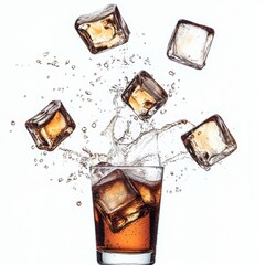 Poster - Refreshing drink with ice cubes splashing into a glass on white background studio shot close up view