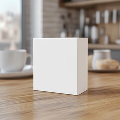 Poster - Minimalist white box on wooden kitchen table with blurred background for product mockup and branding presentation