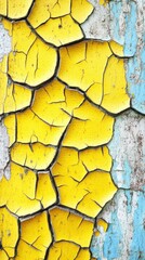 Poster - Vibrant yellow paint peeling from aged surface creating abstract texture and pattern on weathered wall with blue accents