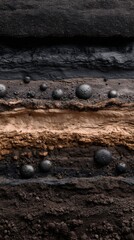 Poster - Geological strata layers with dark spheres displaying earth texture and soil composition in a detailed and moody close up shot