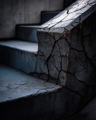 Poster - Cracked concrete stairs with weathered texture and dramatic lighting creating an urban decay aesthetic and a sense of architectural history