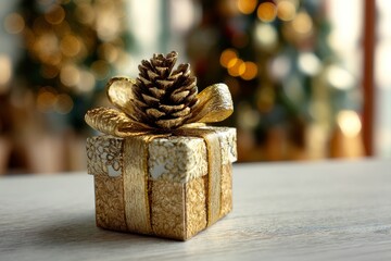 gift box with golden ribbon and pine cone on table with blurred christmas tree background