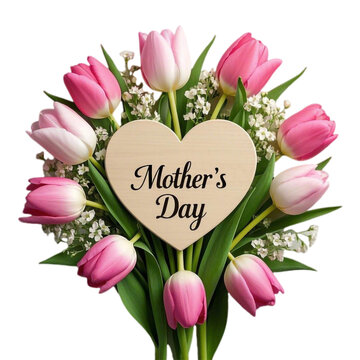 A circular arrangement of pink and white tulips and small white blossoms forms a wreath around a light wooden heart-shaped sign with the Mother's Day word. Happy Mother's Day, Mother's Day.