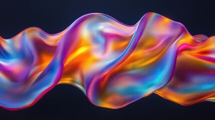 Poster - abstract iridescent fabric wave on dark backdrop captures fluidity and vibrant colors in a modern st