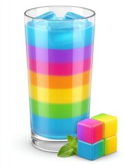 Poster - Refreshing rainbow beverage with ice cubes and mint leaves on a white background for a vibrant and colorful summer drink concept