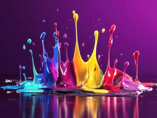 Poster - Vibrant Paint Explosion on Reflective Surface Against a Deep Purple Backdrop Capturing Motion and Color