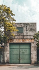 Poster - Industrial Facade Featuring Weathered Concrete Building with Green Doors and Lush Foliage Under Cloudy Sky