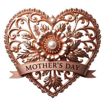 A rose-gold heart with the Mother's Day word. Happy Mother's Day, Mother's Day, Mother's Day Gifts, Mother's Day Cards.