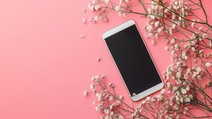 White cell phone is sitting on a pink background with white flowers