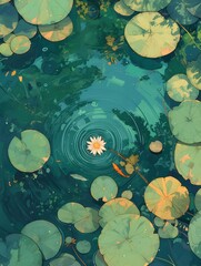 Aufkleber - 水面に浮かぶ白い睡蓮と緑の蓮の葉のデジタルアートデザイン穏やかな水面と反射の美しい夏の風景
