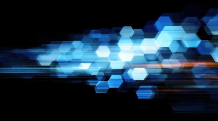 Poster - Abstract blue hexagons with motion blur on black background creating a futuristic and dynamic visual effect for technology and innovation concepts