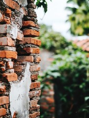 Poster - Weathered brick wall with crumbling plaster and lush greenery in the background creating a rustic and natural scene