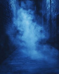 Poster - Atmospheric blue alleyway with fog and brick walls creating a mysterious and cinematic urban scene