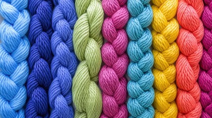 Poster - Vibrant array of braided embroidery floss threads in playful pastel hues creating a cheerful and artistic textile texture in a colorful close up