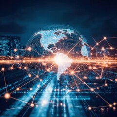 Poster - Global Network Communication with Digital Earth and Cityscape Background in Cyberpunk Style